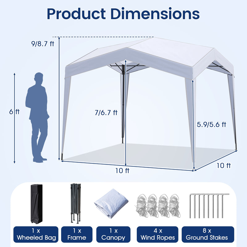 Costway - Pop up Canopy Tent with Portable Wheeled Bag 8 Stakes 4 Wind Ropes-White