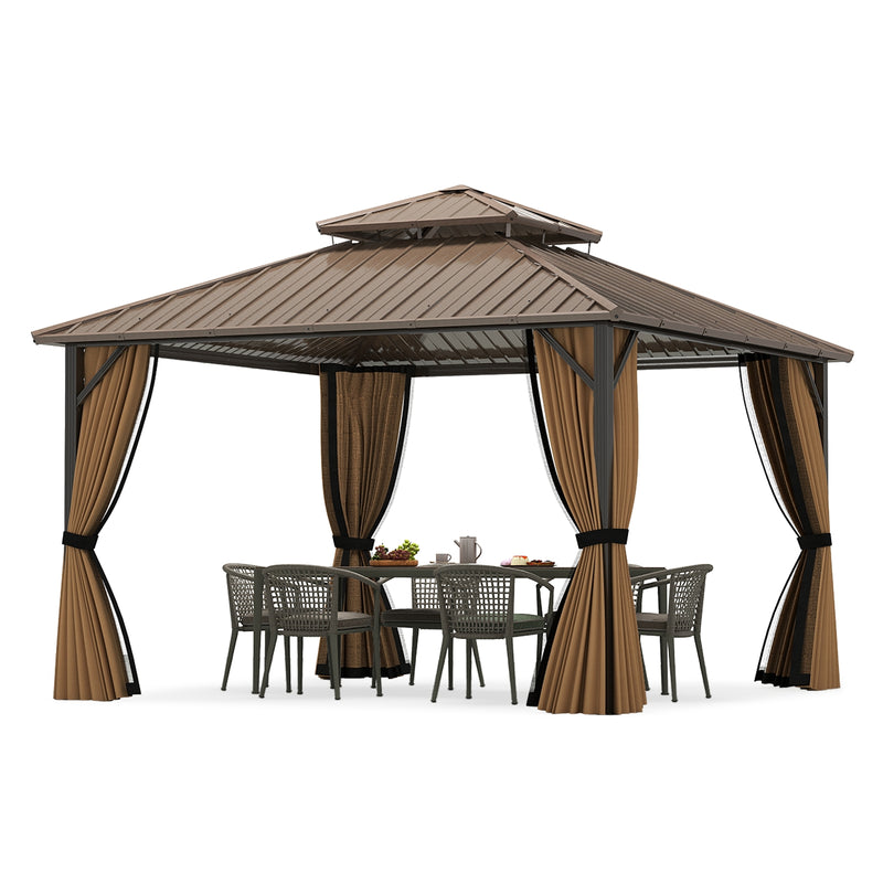 Costway - 12 x 12 FT Hardtop Gazebo Outdoor Pergola for Patio Garden Deck Lawn Backyard Party Tent-Coffee