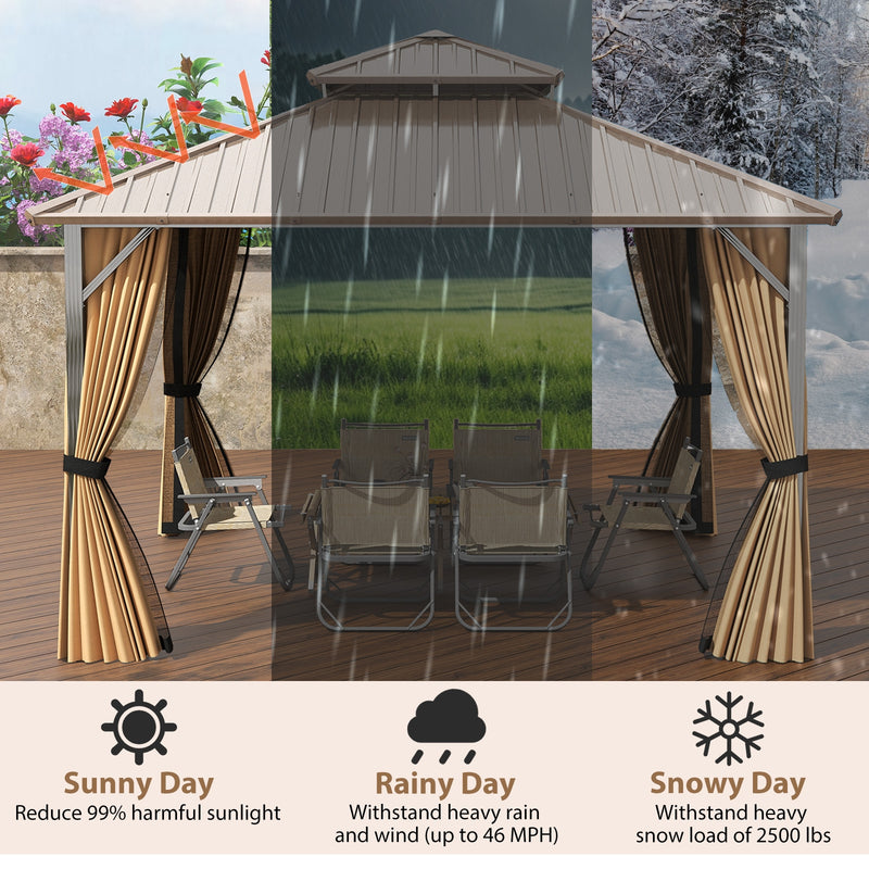 Costway - 12 x 12 FT Hardtop Gazebo Outdoor Pergola for Patio Garden Deck Lawn Backyard Party Tent-Coffee
