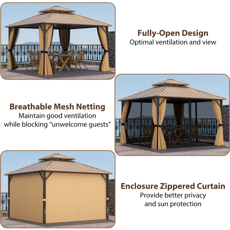 Costway - 12 x 12 FT Hardtop Gazebo Outdoor Pergola for Patio Garden Deck Lawn Backyard Party Tent-Coffee