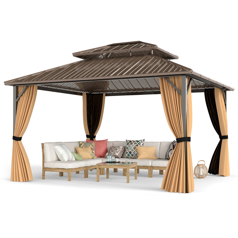 Costway - 14 x 12 FT Hardtop Gazebo Outdoor Pergola for Patio Garden Deck Lawn Backyard Party Tent-Coffee