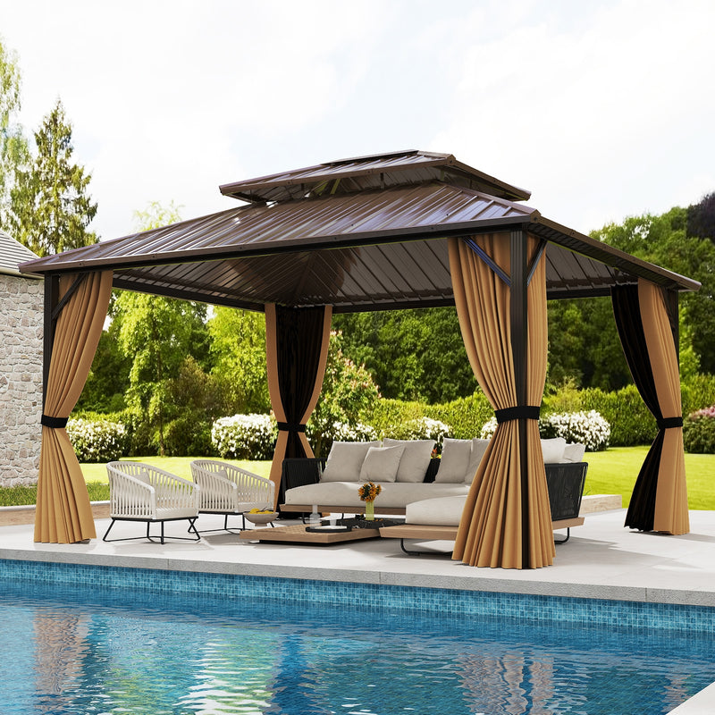 Costway - 14 x 12 FT Hardtop Gazebo Outdoor Pergola for Patio Garden Deck Lawn Backyard Party Tent-Coffee