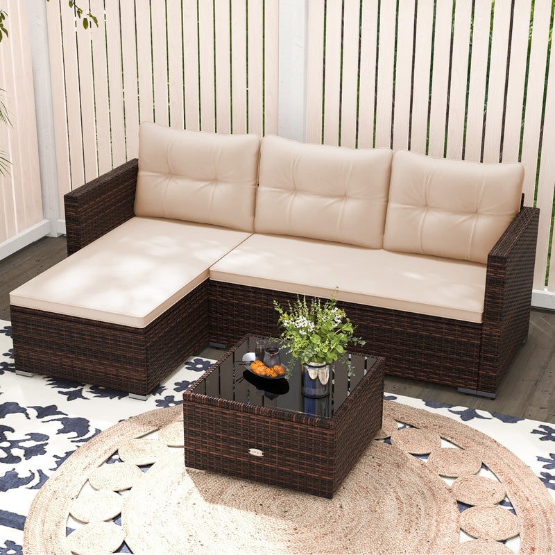 Costway - 4 Seats Outdoor Wicker Furniture Set with Tempered Glass Coffee Table and Soft Cushions-Beige