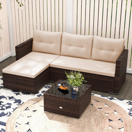 Costway - 4 Seats Outdoor Wicker Furniture Set with Tempered Glass Coffee Table and Soft Cushions-Beige
