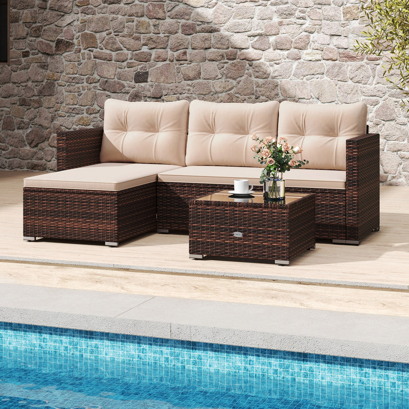 Costway - 4 Seats Outdoor Wicker Furniture Set with Tempered Glass Coffee Table and Soft Cushions-Beige