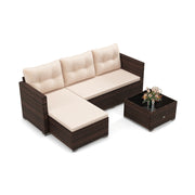 Costway - 4 Seats Outdoor Wicker Furniture Set with Tempered Glass Coffee Table and Soft Cushions-Beige