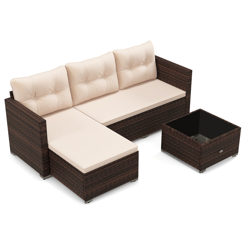 Costway - 4 Seats Outdoor Wicker Furniture Set with Tempered Glass Coffee Table and Soft Cushions-Beige