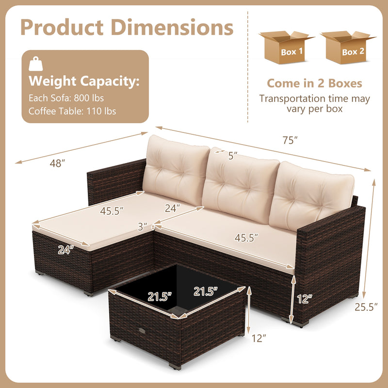Costway - 4 Seats Outdoor Wicker Furniture Set with Tempered Glass Coffee Table and Soft Cushions-Beige