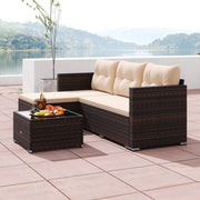 Costway - 4 Seats Outdoor Wicker Furniture Set with Tempered Glass Coffee Table and Soft Cushions-Beige