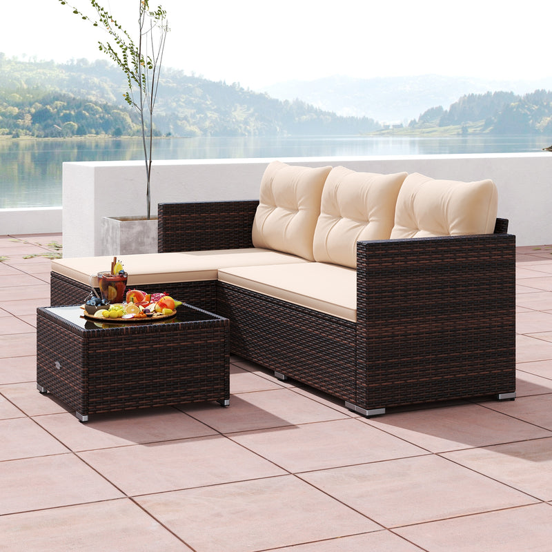 Costway - 4 Seats Outdoor Wicker Furniture Set with Tempered Glass Coffee Table and Soft Cushions-Beige