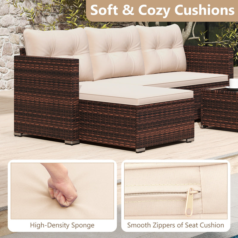 Costway - 4 Seats Outdoor Wicker Furniture Set with Tempered Glass Coffee Table and Soft Cushions-Beige