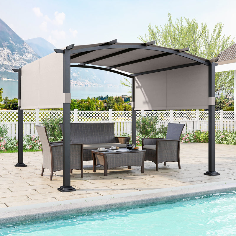 Costway - 10 x 10 ft Outdoor Pergola Modern Arched Patio Garden Shelter with Retractable Sunshade Canopy-Gray