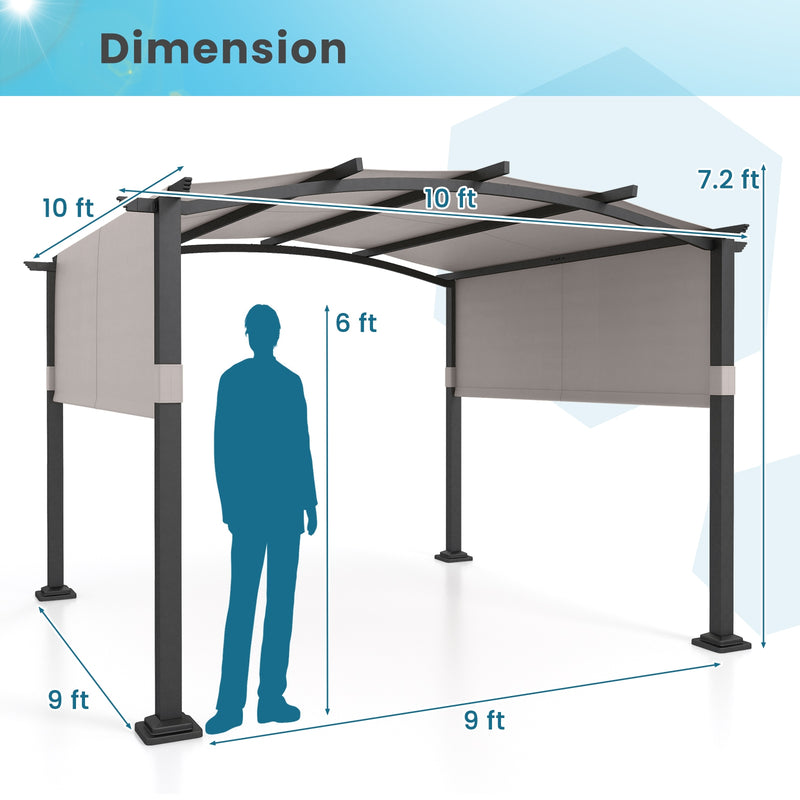 Costway - 10 x 10 ft Outdoor Pergola Modern Arched Patio Garden Shelter with Retractable Sunshade Canopy-Gray