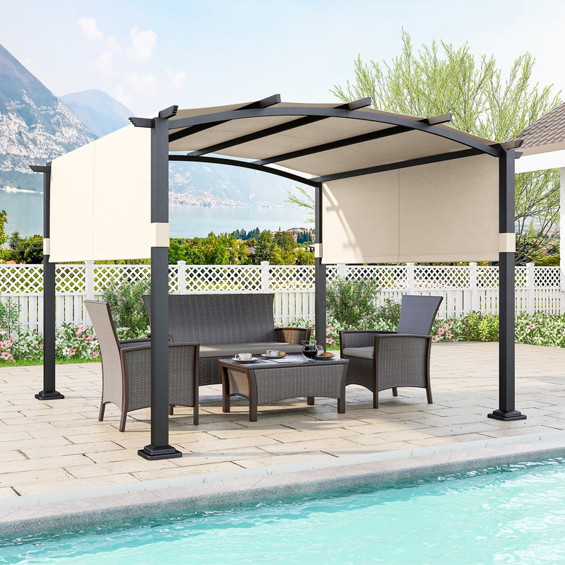 Costway - 10 x 10 ft Outdoor Pergola Modern Arched Patio Garden Shelter with Retractable Sunshade Canopy-Beige
