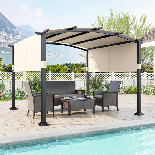 Costway - 10 x 10 ft Outdoor Pergola Modern Arched Patio Garden Shelter with Retractable Sunshade Canopy-Beige