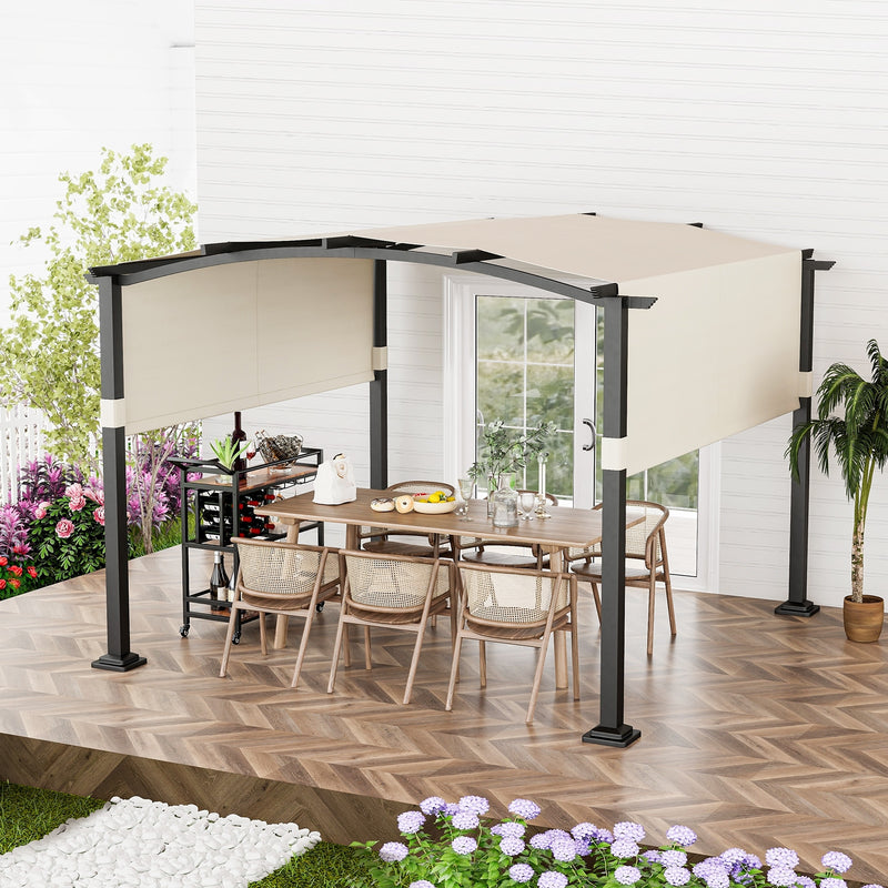 Costway - 10 x 10 ft Outdoor Pergola Modern Arched Patio Garden Shelter with Retractable Sunshade Canopy-Beige