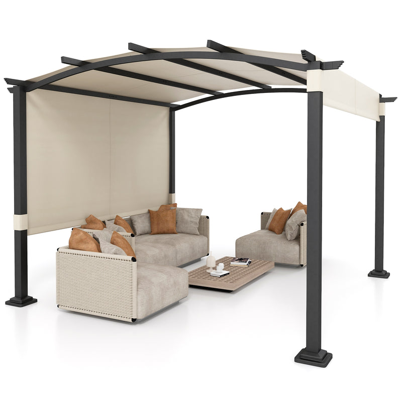 Costway - 10 x 10 ft Outdoor Pergola Modern Arched Patio Garden Shelter with Retractable Sunshade Canopy-Beige