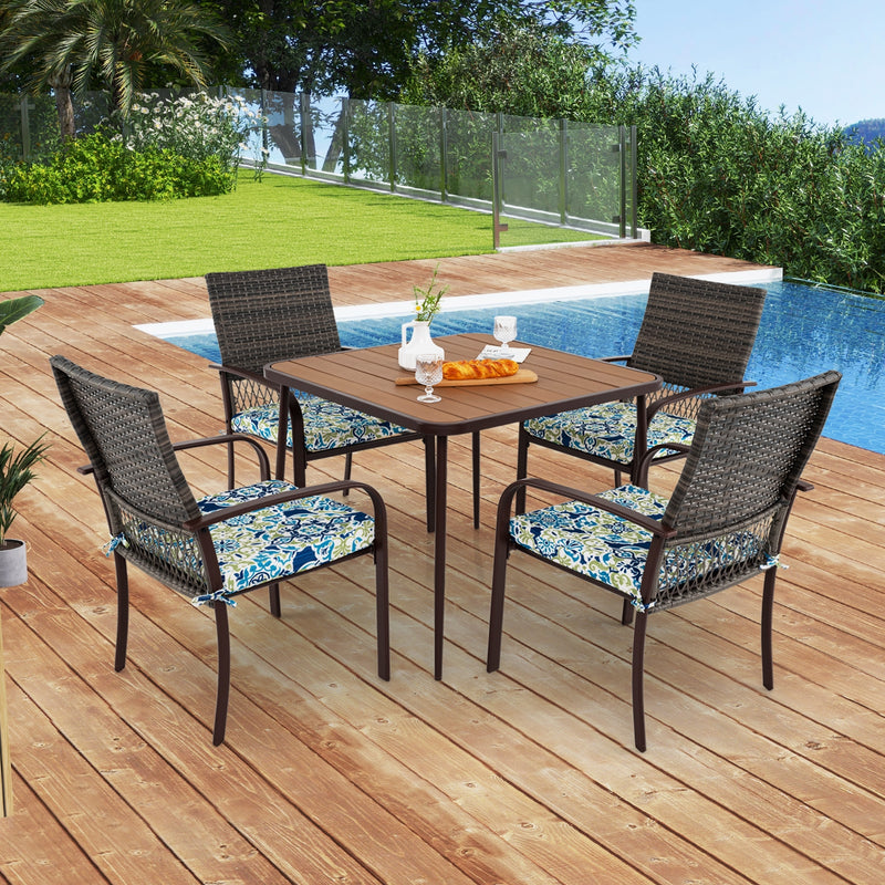 Costway - 5 Pieces Patio Dining Set 4 Cushioned Rattan Armchairs and Square Table