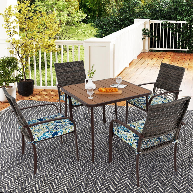 Costway - 5 Pieces Patio Dining Set 4 Cushioned Rattan Armchairs and Square Table