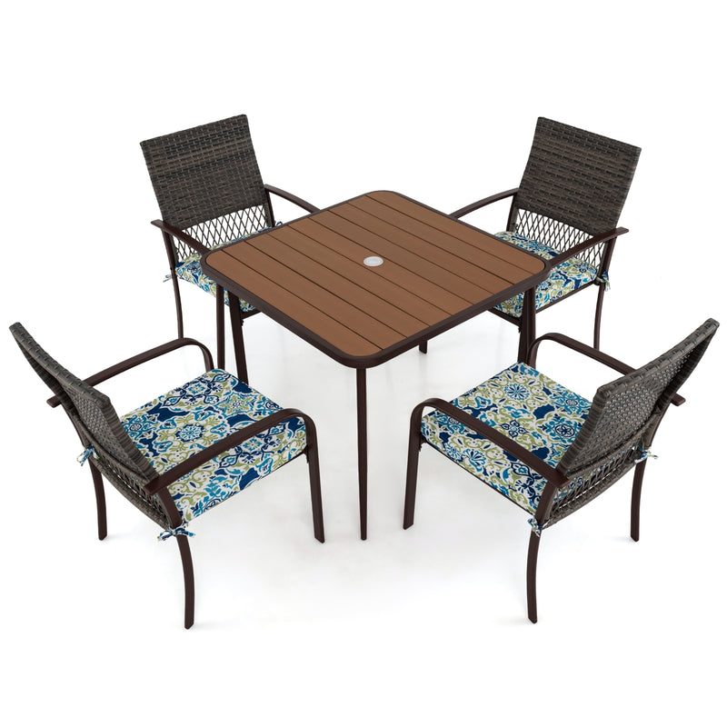 Costway - 5 Pieces Patio Dining Set 4 Cushioned Rattan Armchairs and Square Table