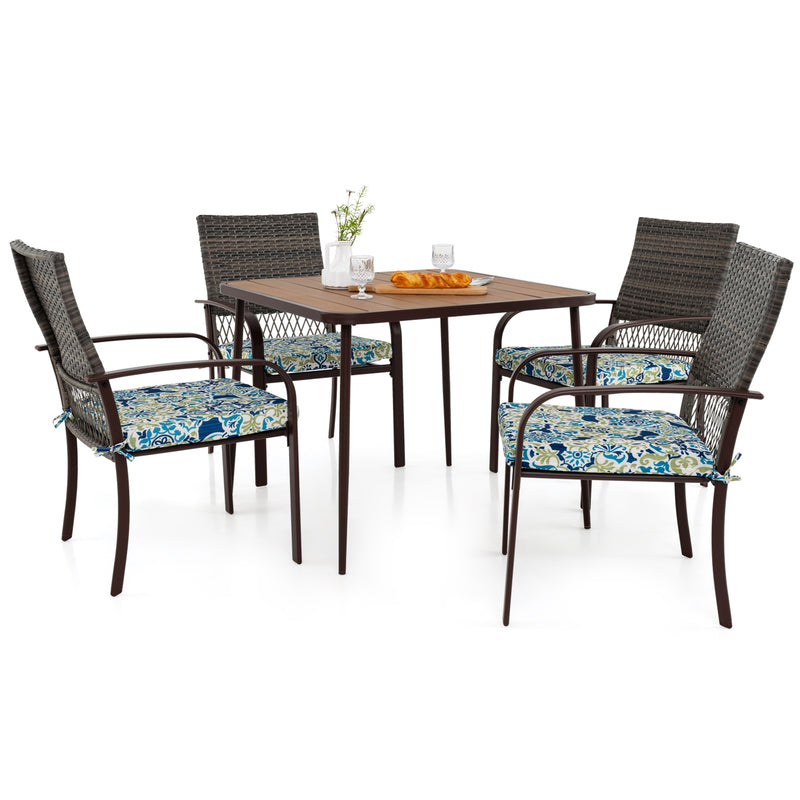 Costway - 5 Pieces Patio Dining Set 4 Cushioned Rattan Armchairs and Square Table