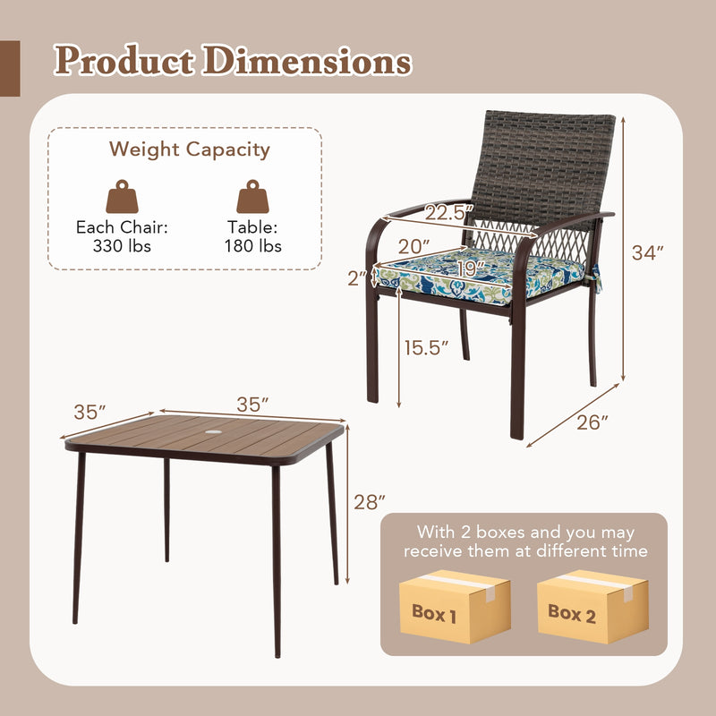 Costway - 5 Pieces Patio Dining Set 4 Cushioned Rattan Armchairs and Square Table