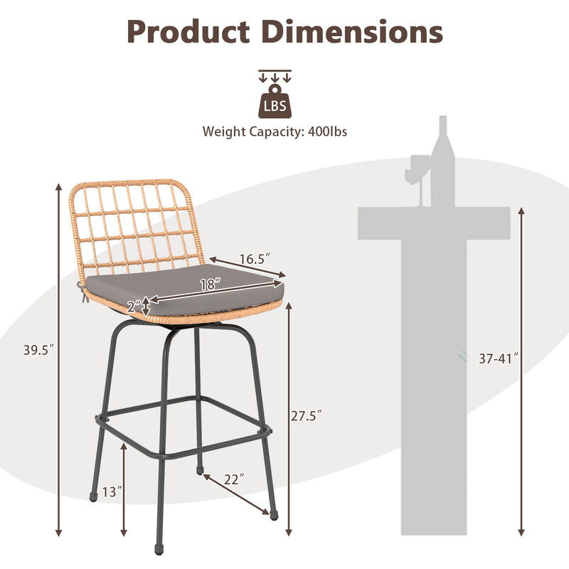 Costway - Patio Swivel Barstools Set of 2 with Soft Seat Cushions-Gray