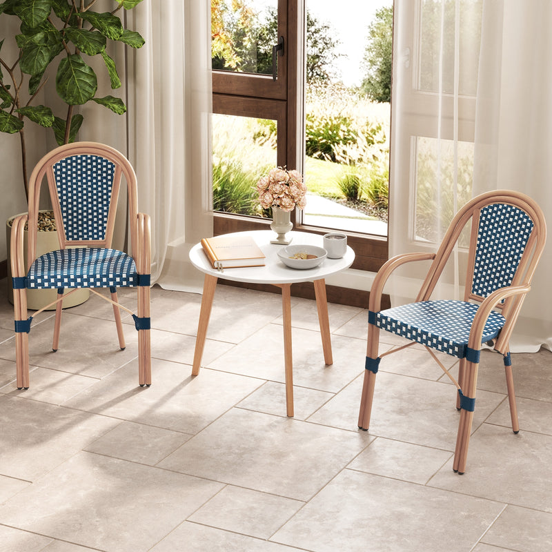 Costway - Hand-Woven PE Wicker Outdoor French Bistro Chairs Set of 2-Blue
