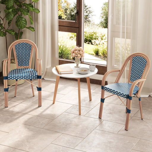 Costway - Hand-Woven PE Wicker Outdoor French Bistro Chairs Set of 2-Blue