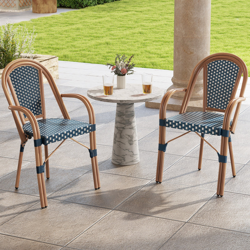 Costway - Hand-Woven PE Wicker Outdoor French Bistro Chairs Set of 2-Blue