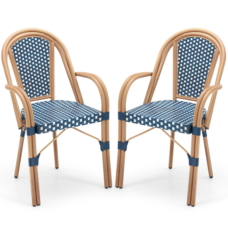 Costway - Hand-Woven PE Wicker Outdoor French Bistro Chairs Set of 2-Blue