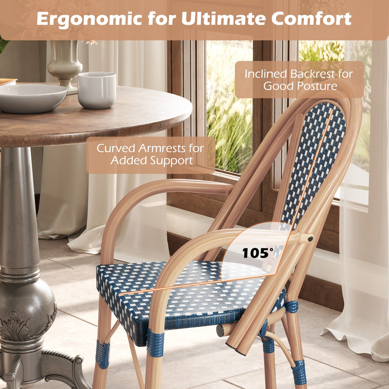 Costway - Hand-Woven PE Wicker Outdoor French Bistro Chairs Set of 2-Blue