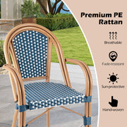 Costway - Hand-Woven PE Wicker Outdoor French Bistro Chairs Set of 2-Blue