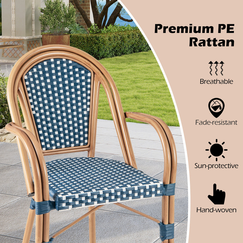 Costway - Hand-Woven PE Wicker Outdoor French Bistro Chairs Set of 2-Blue