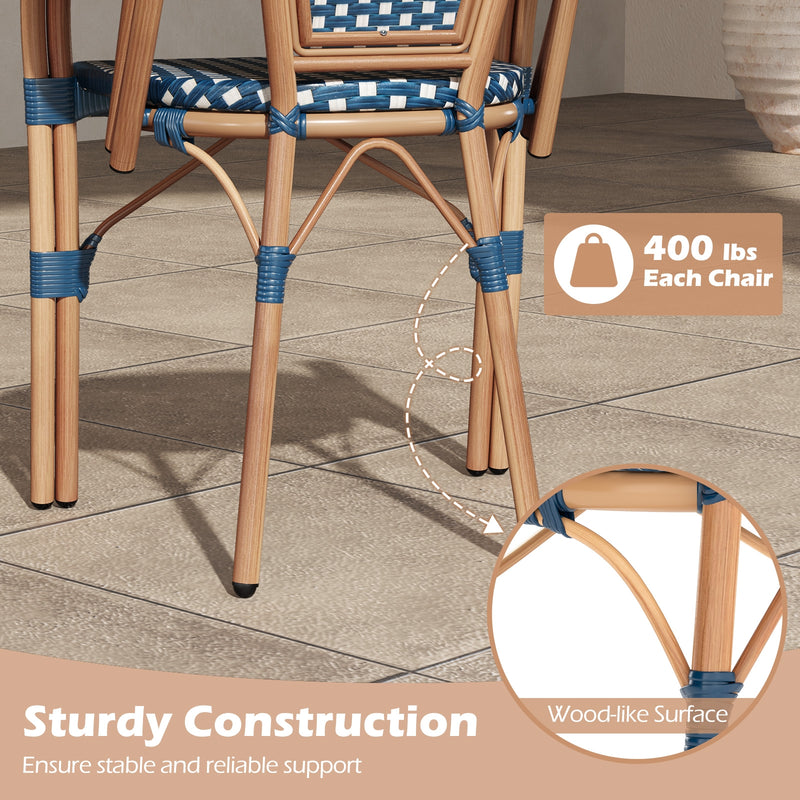 Costway - Hand-Woven PE Wicker Outdoor French Bistro Chairs Set of 2-Blue