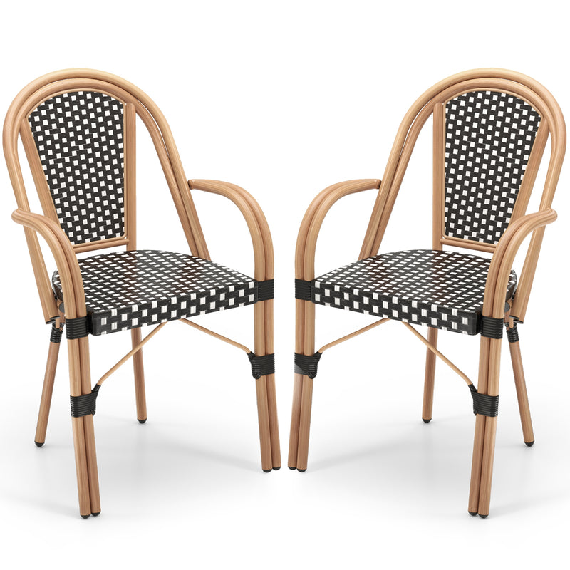 Costway - Hand-Woven PE Wicker Outdoor French Bistro Chairs Set of 2-Black