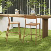 Costway - Patio Barstools Set of 2 with Rattan Seat and Metal Backrest-Light Brown