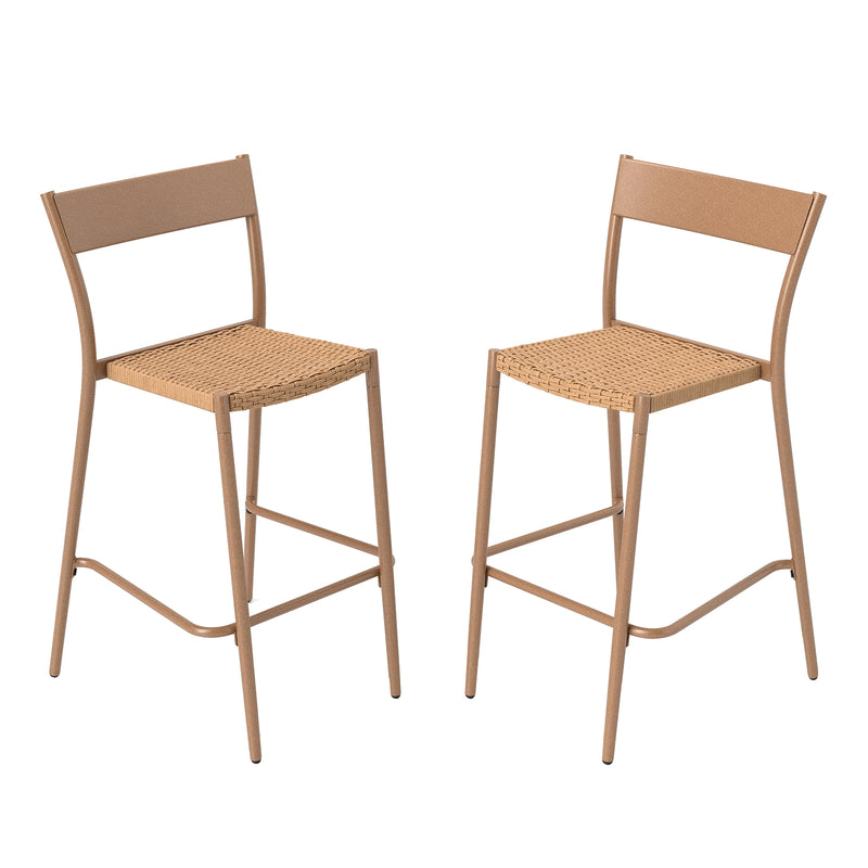 Costway - Patio Barstools Set of 2 with Rattan Seat and Metal Backrest-Light Brown