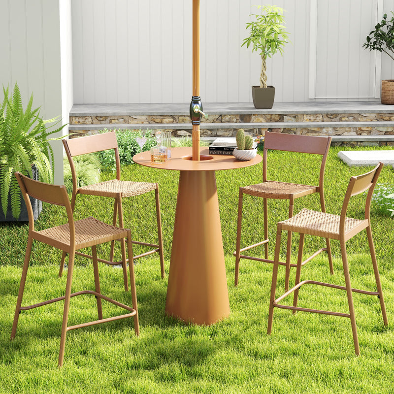 Costway - Patio Barstools Set of 2 with Rattan Seat and Metal Backrest-Light Brown