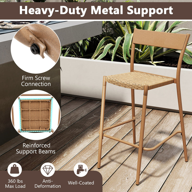 Costway - Patio Barstools Set of 2 with Rattan Seat and Metal Backrest-Light Brown