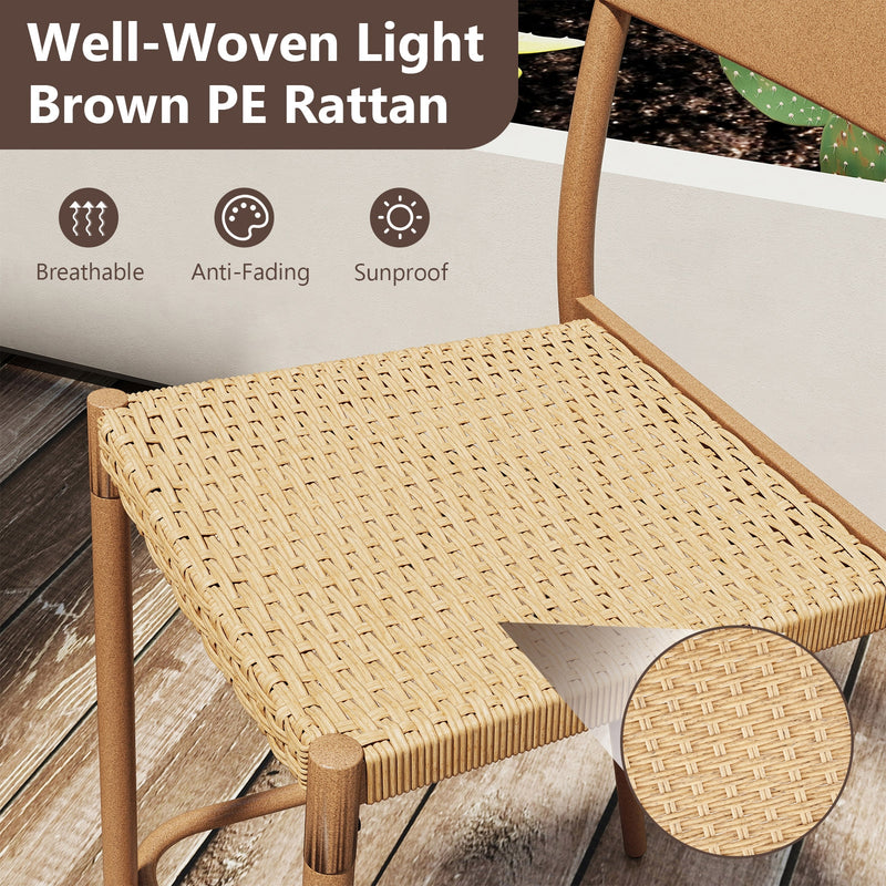 Costway - Patio Barstools Set of 2 with Rattan Seat and Metal Backrest-Light Brown