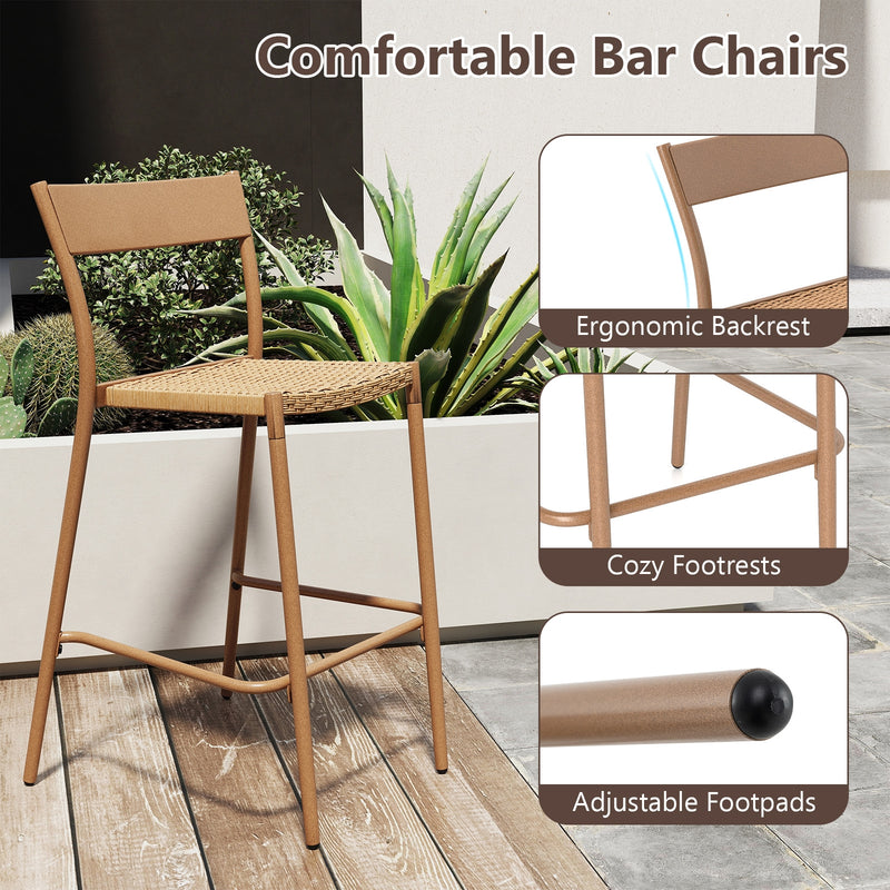 Costway - Patio Barstools Set of 2 with Rattan Seat and Metal Backrest-Light Brown