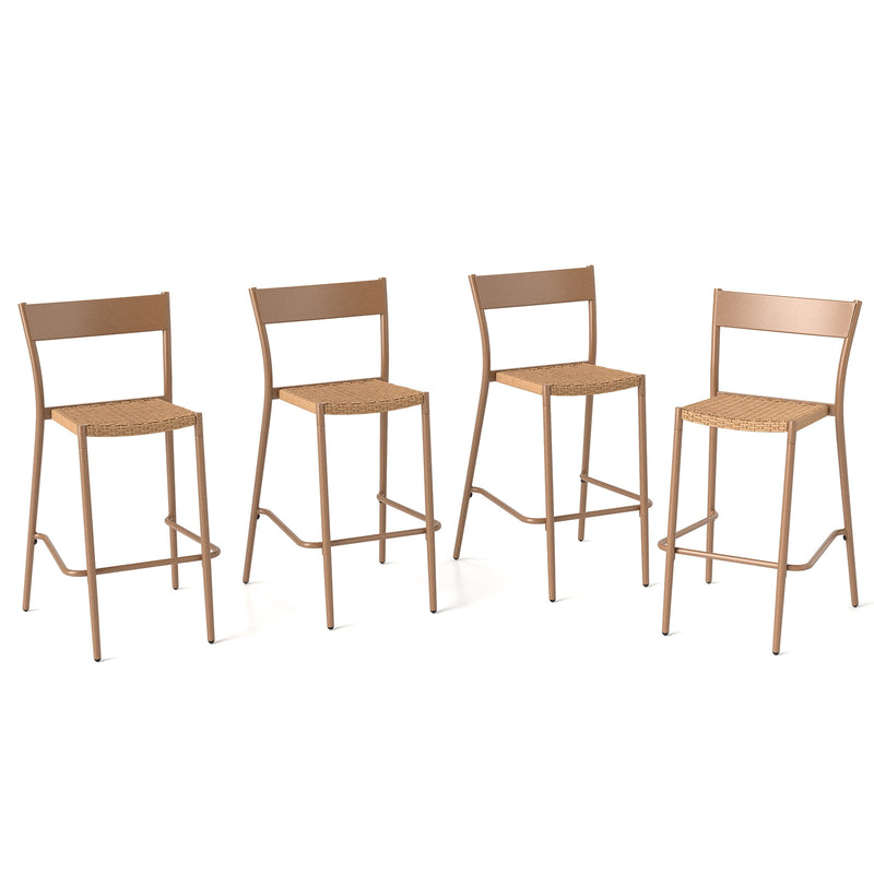 Costway - Patio Barstools Set of 4 with Rattan Seat and Metal Backrest-Light Brown