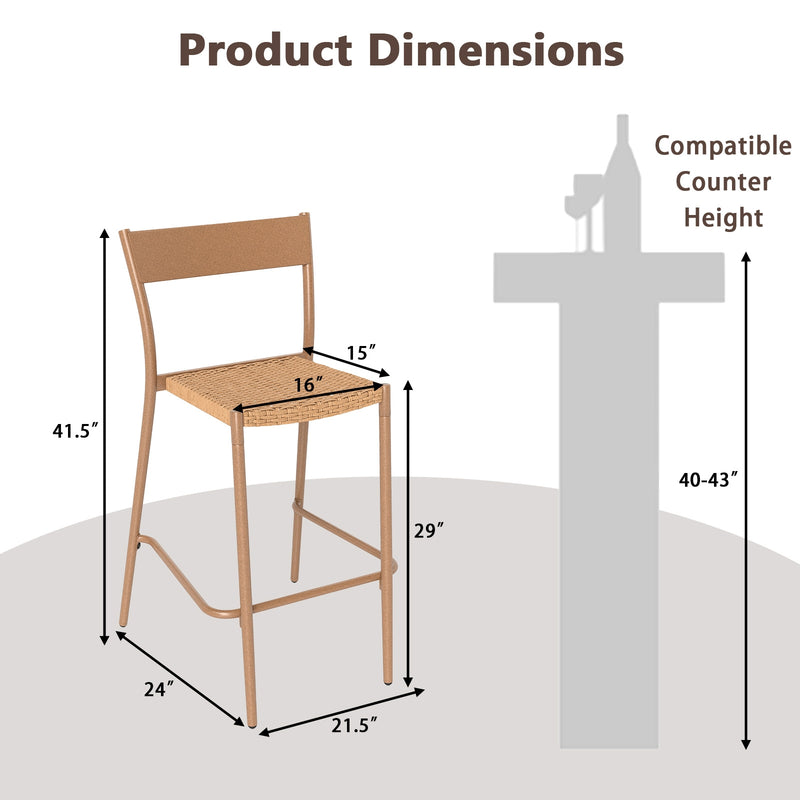 Costway - Patio Barstools Set of 4 with Rattan Seat and Metal Backrest-Light Brown