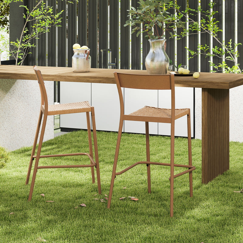 Costway - Patio Barstools Set of 4 with Rattan Seat and Metal Backrest-Light Brown