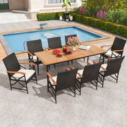 Costway - 79 Inch Outdoor Acacia Wood Dining Table and 8 Rattan-woven Dining Chairs with Umbrella Hole