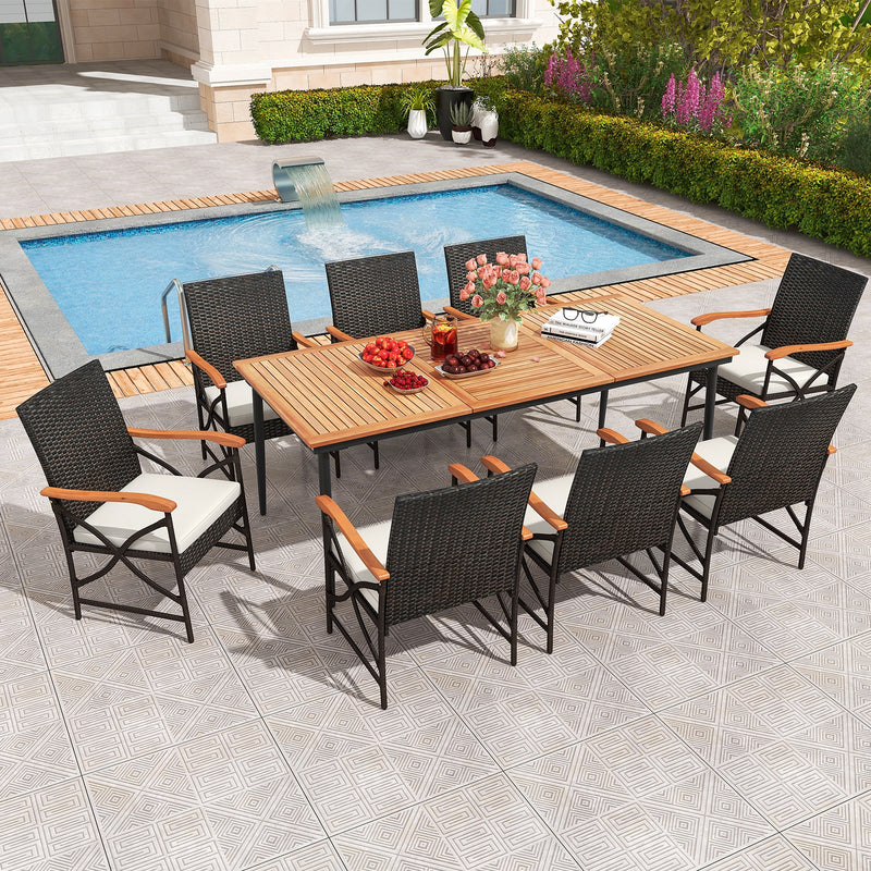 Costway - 79 Inch Outdoor Acacia Wood Dining Table and 8 Rattan-woven Dining Chairs with Umbrella Hole