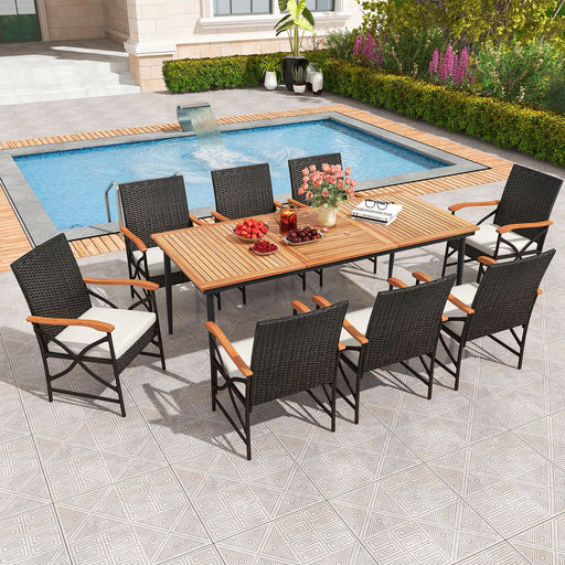 Costway - 79 Inch Outdoor Acacia Wood Dining Table and 8 Rattan-woven Dining Chairs with Umbrella Hole