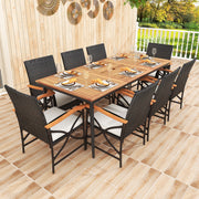 Costway - 79 Inch Outdoor Acacia Wood Dining Table and 8 Rattan-woven Dining Chairs with Umbrella Hole
