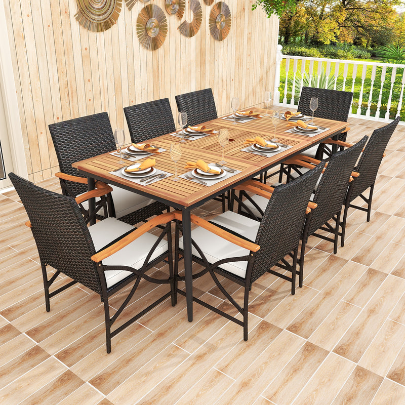 Costway - 79 Inch Outdoor Acacia Wood Dining Table and 8 Rattan-woven Dining Chairs with Umbrella Hole